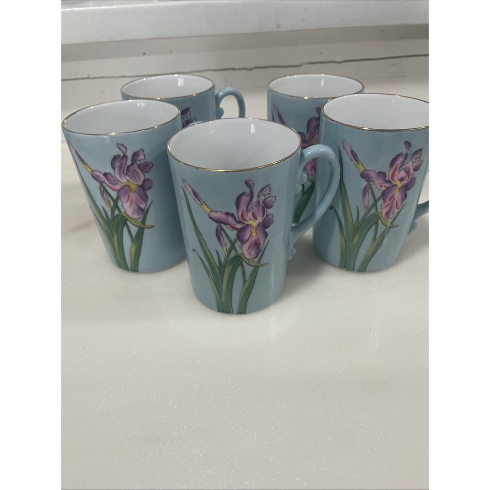 VTG Hand Paint Blue Iris Flower Porcelain Mugs Set of 5 Gold Rim Cottagecore Art
